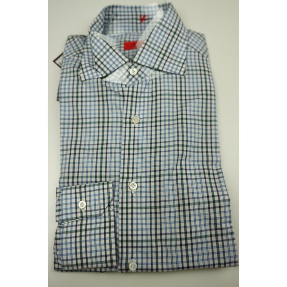 Isaia Sky Blue Black White Plaid Long Sleeve Cotton Dress Shirt 15.5/39 NEW
